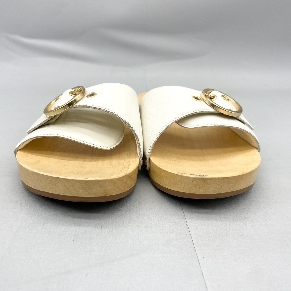 BeekWomens 8 Woodstar Clog Sandals White Leather Gold Buckle Slide Boho Coastal - Picture 3 of 12